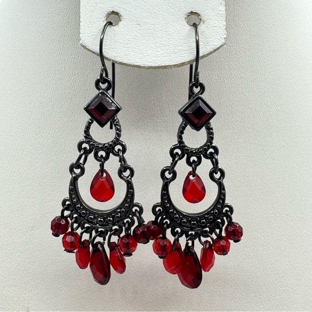 Red Acrylic Bead Chandelier Earrings – Gunmetal Tone Statement